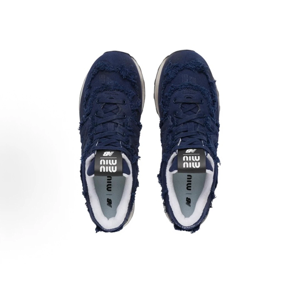 Women's Vintage Navy Frayed Denim Sneakers, Retro 80s Chunky Sole Casual Shoes, Lace Up Distressed Jean Sneakers for Daily Wear